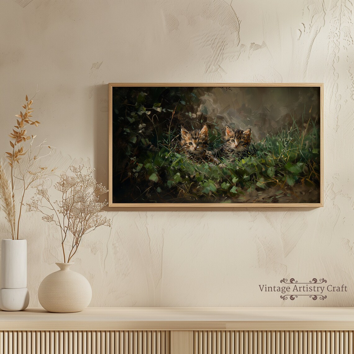 Two Tabby Kittens Peeking Through Grass Vintage Oil Painting Poster - Image 7