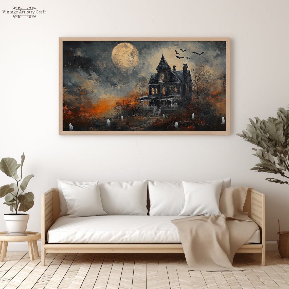 Haunted House Under Full Moon Ghosts And Bats Halloween Poster - Image 5