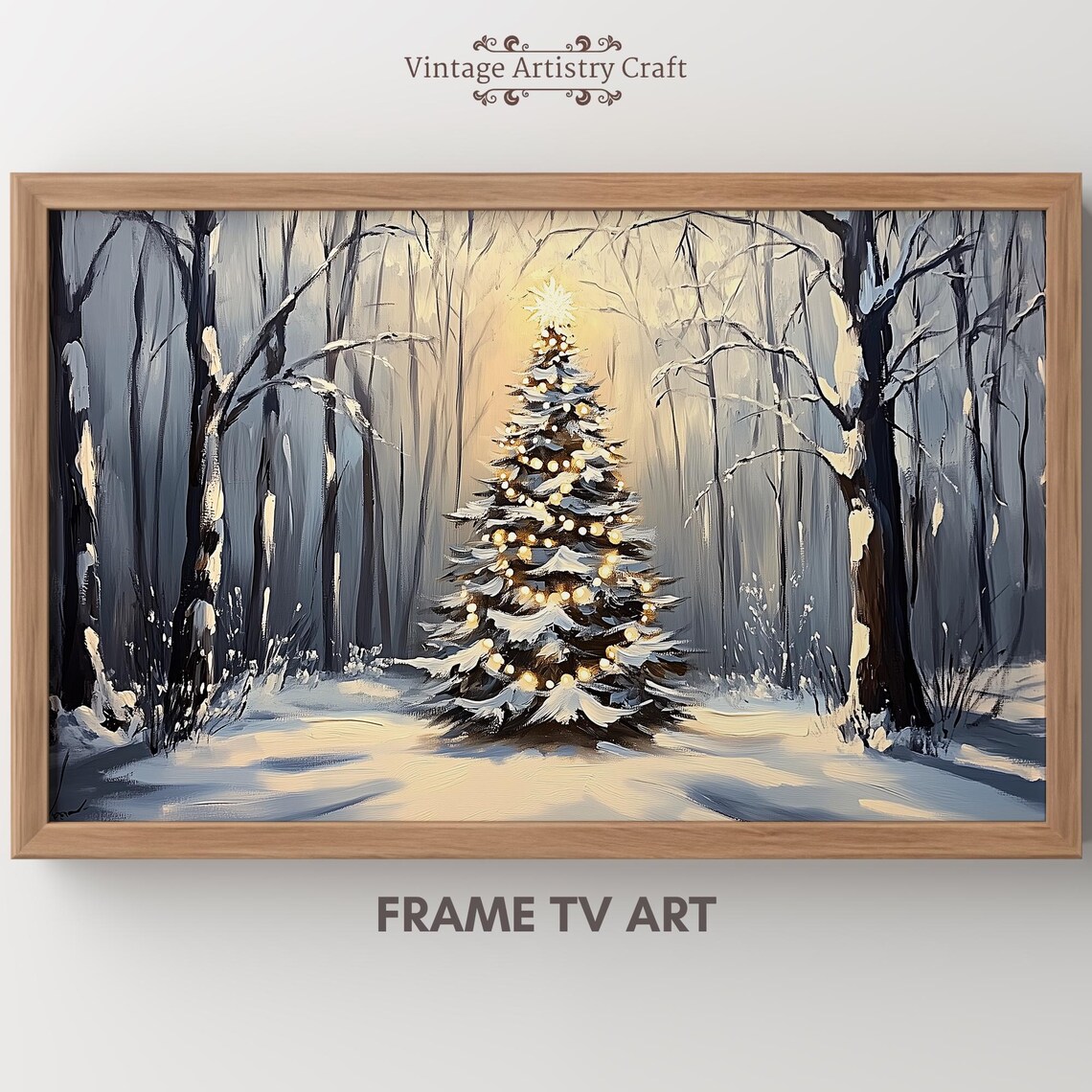 Lit Christmas Tree Snowy Forest Dusk Sparkling Holiday Painting Poster