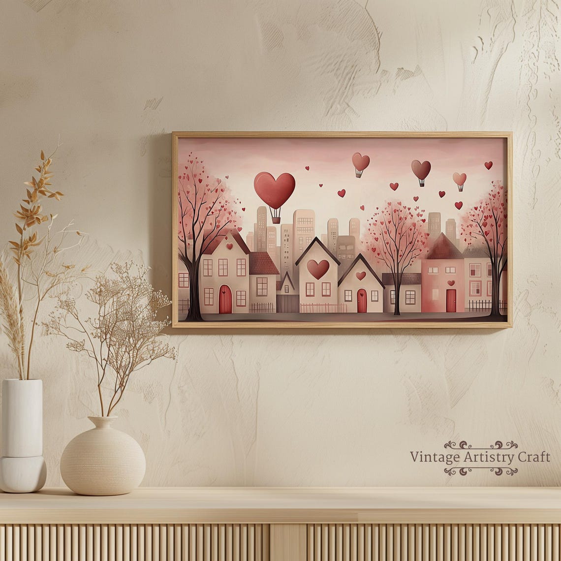 Heart Hot Air Balloons Pink Cityscape Romantic Valentines Poster - Image 4
