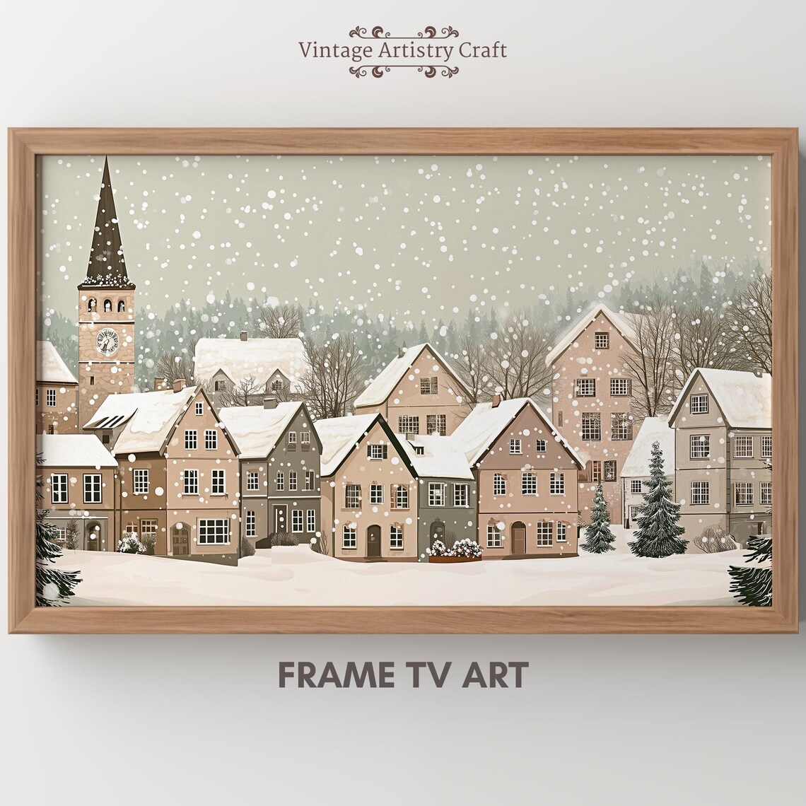 Snowy Village Church Tower Falling Snow Cozy Winter Scene Poster