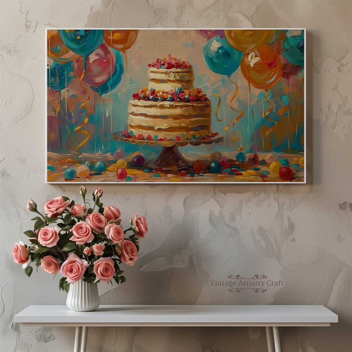 Colorful Birthday Cake With Balloons Festive Painting Poster - Image 8