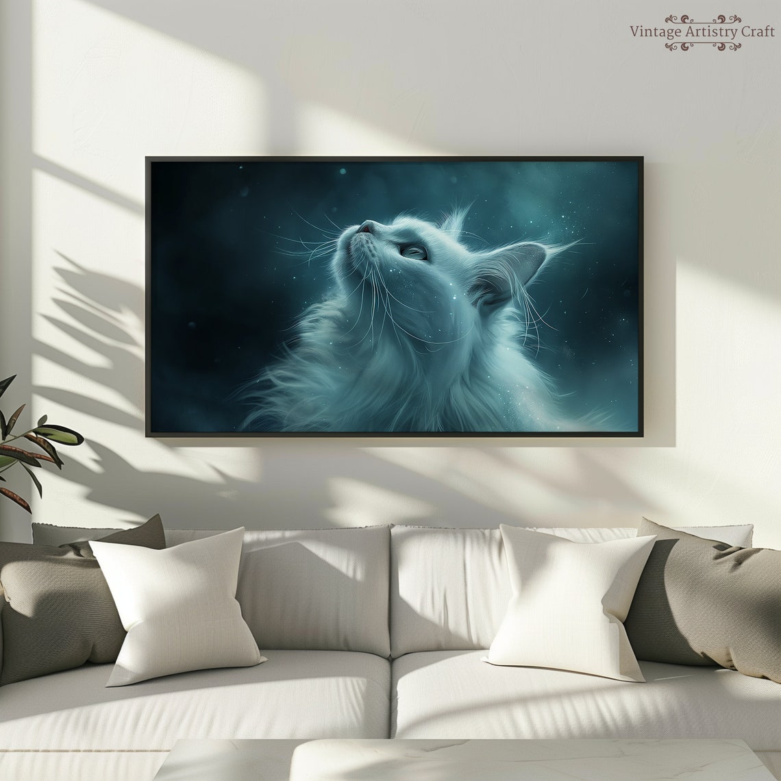 White Cosmic Cat In Starry Nebula Fantasy Desktop Art Poster - Image 3