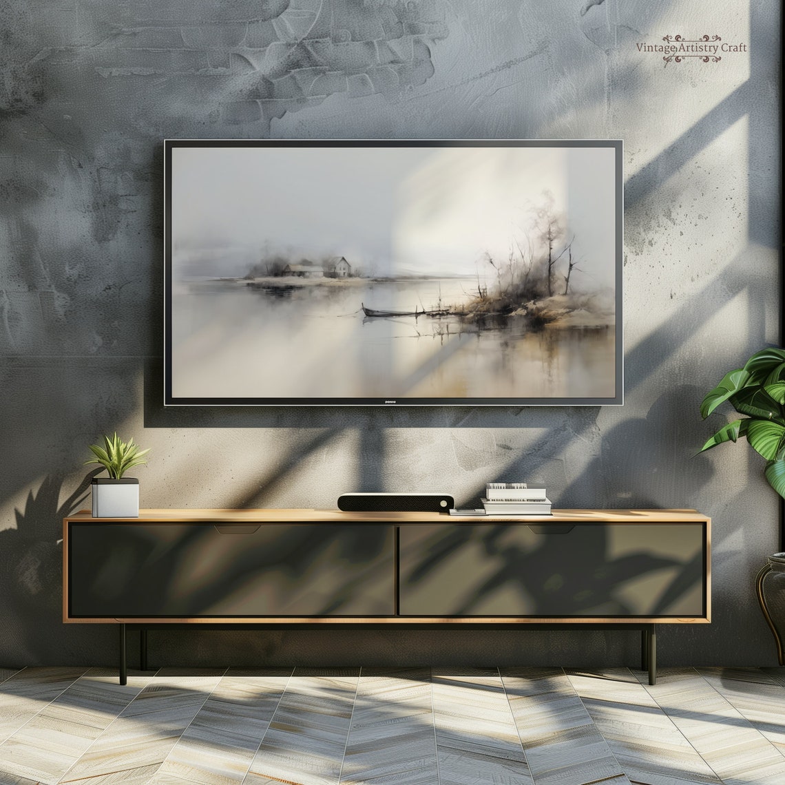 Muted Tonal Misty Lake Cabin Boat Neutral Watercolor Painting Poster - Image 8
