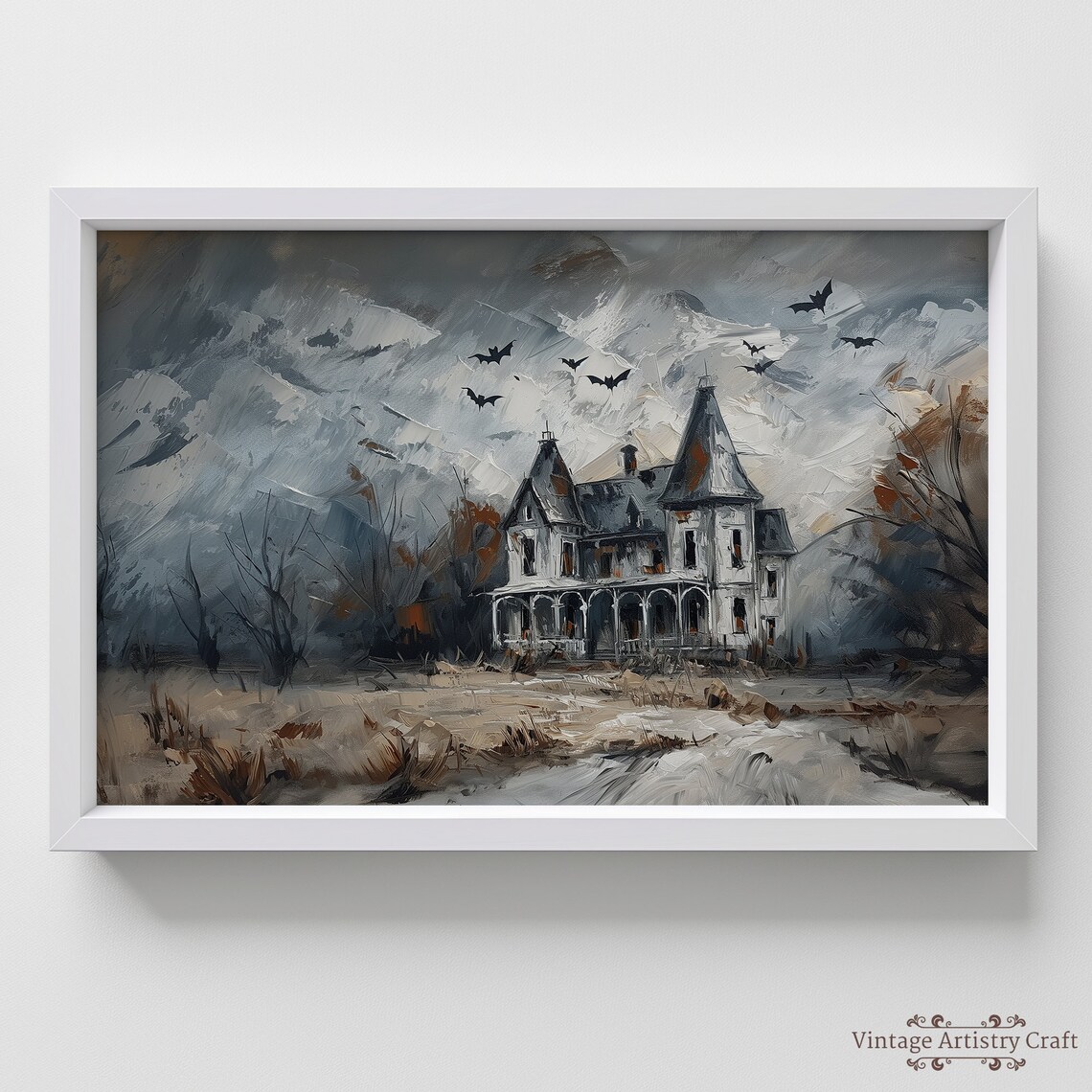 Grey Haunted House Bats Stormy Sky Vintage Halloween Painting Poster - Image 3
