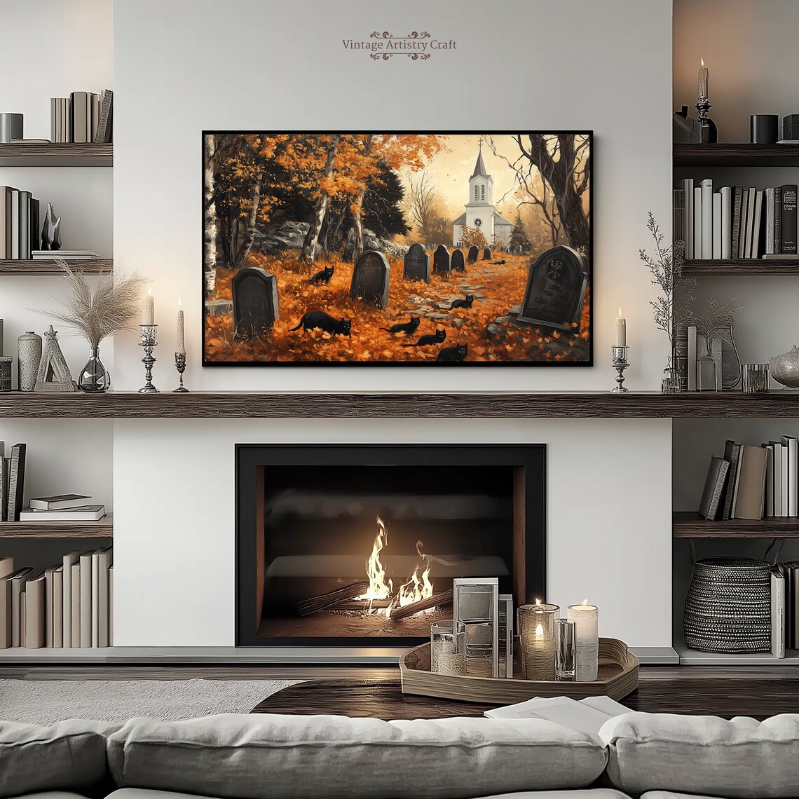 Spooky Black Cats Autumn Graveyard Halloween Vintage Painting Poster - Image 5
