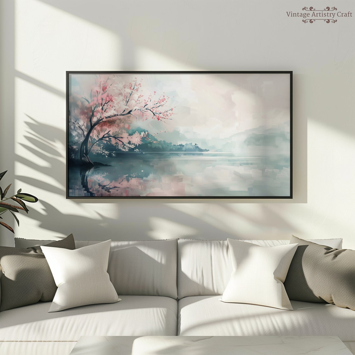 Cherry Blossom Tree Over Misty Lake Soft Pink Spring Painting Poster - Image 4