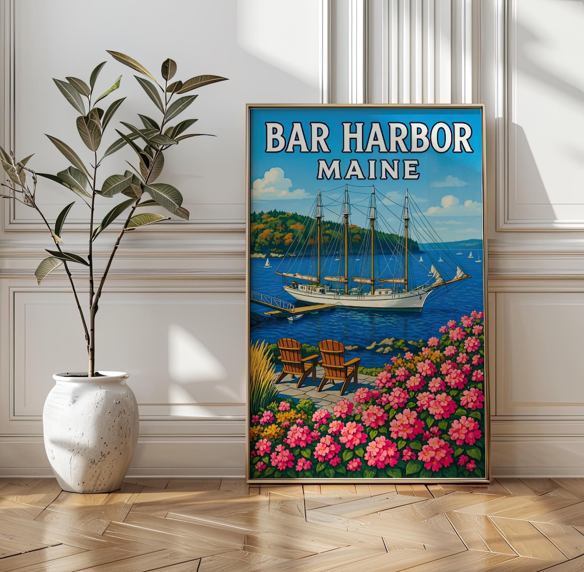 Bar Harbor Maine Tall Ship Schooner Harbor Flowers Travel Poster