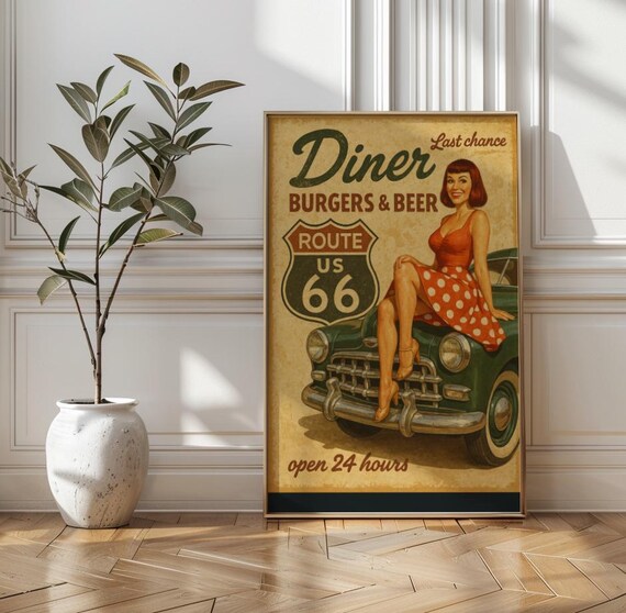 Route 66 Diner Poster Retro Pinup Girl Classic Car Art Print