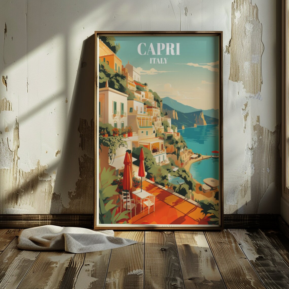 Capri Italy Coastal Town Vintage Travel Poster with Sea View Art