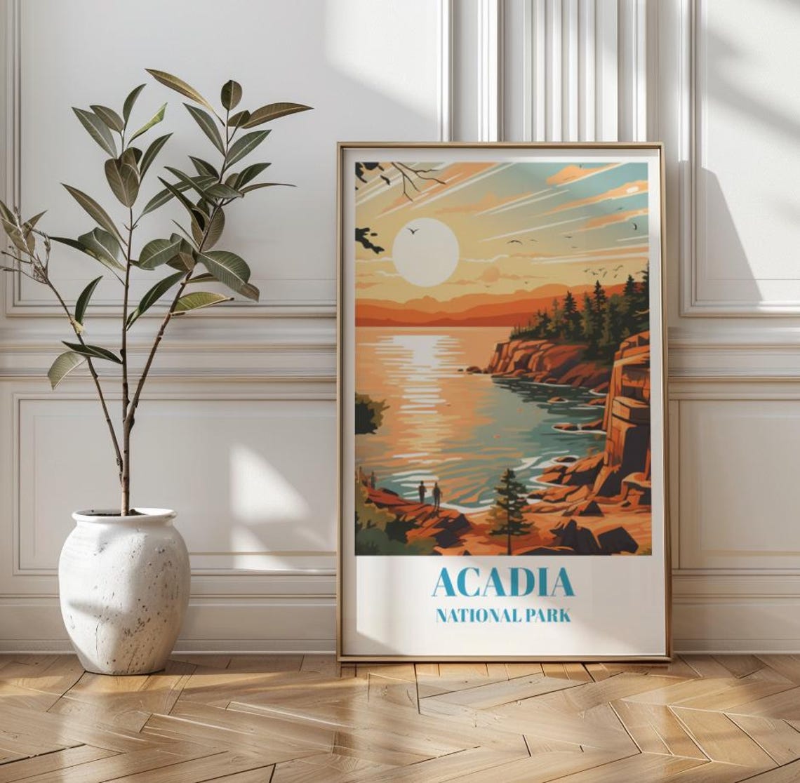Acadia National Park Maine Rocky Coast Sunset Vintage Travel Poster