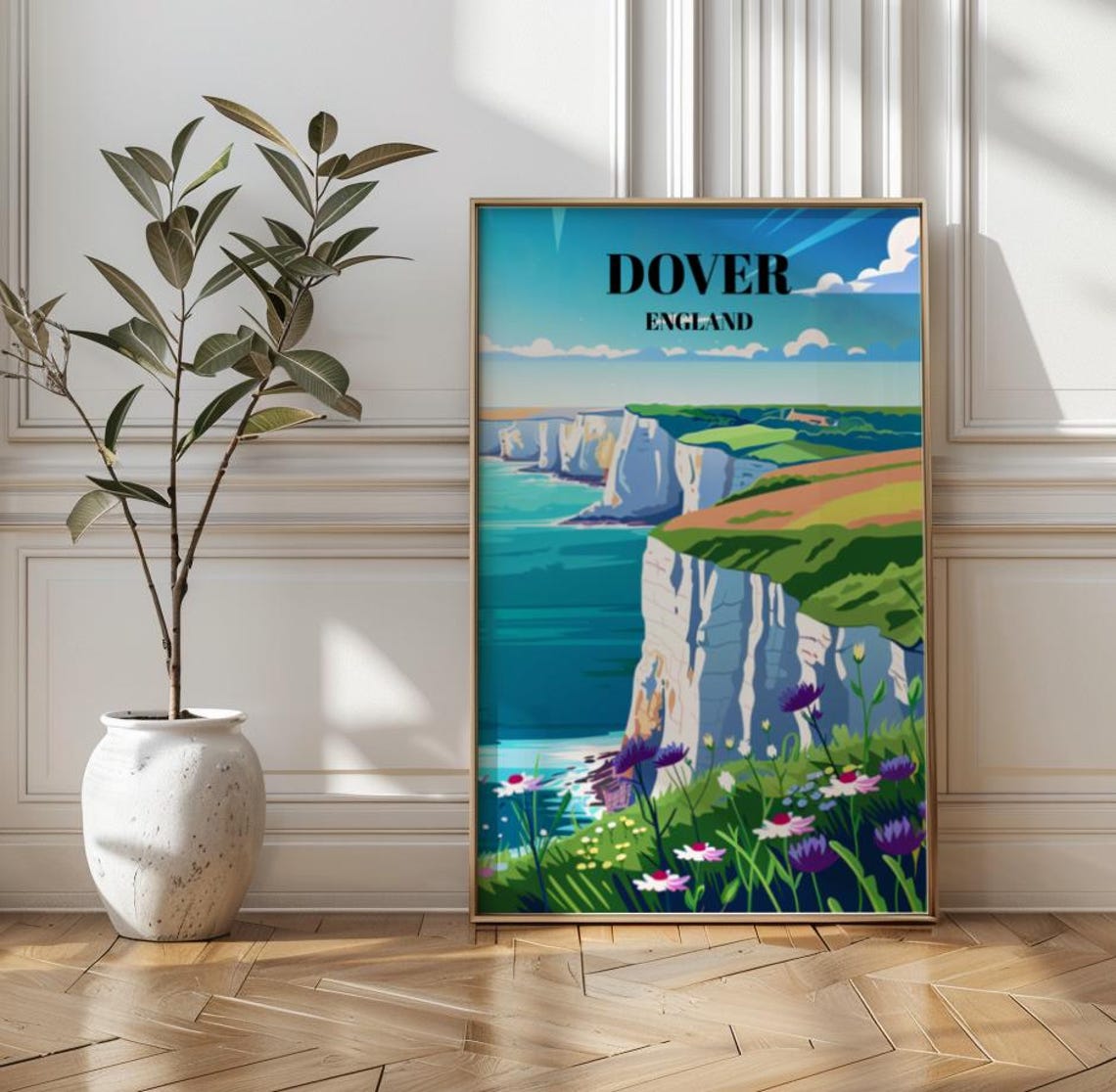 Dover England White Cliffs Coastal Wildflowers Vintage Travel Poster