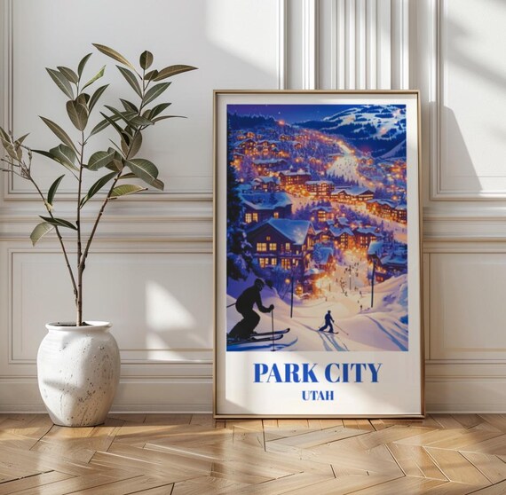 Park City Utah Ski Resort Night Lights Winter Vintage Travel Poster