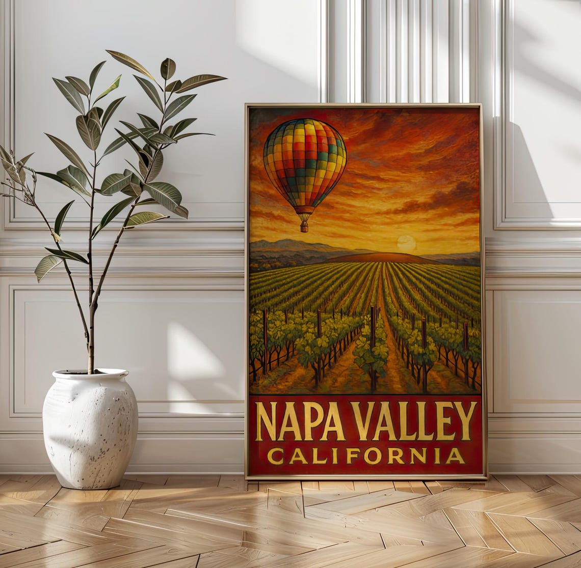 Napa Valley California Hot Air Balloon Sunset Vineyard Poster