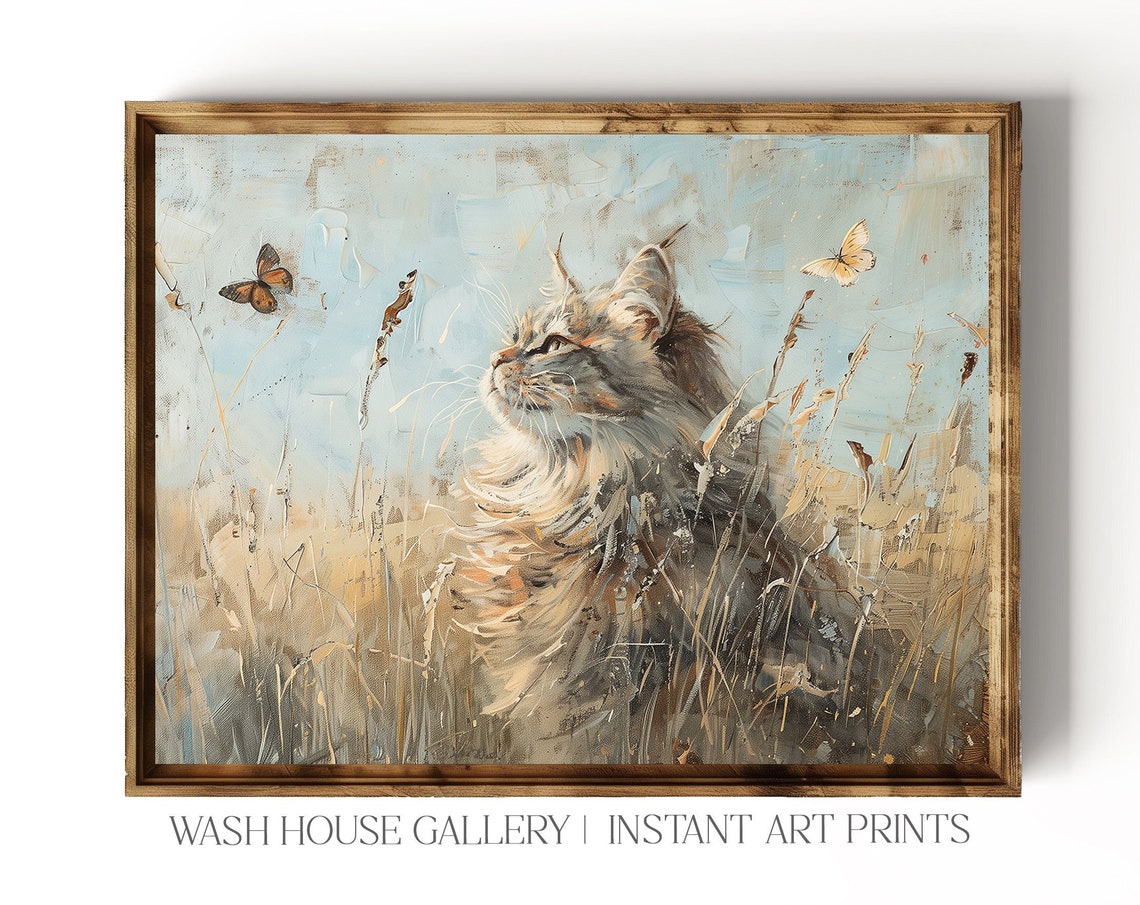Fluffy Cat Watching Butterflies Drift Over a Wheat Field Poster