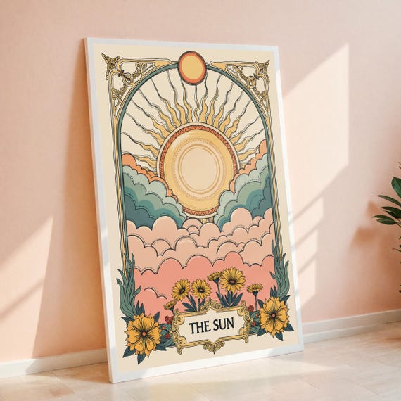 Vintage Sun Tarot Art Print, Retro Floral Boho