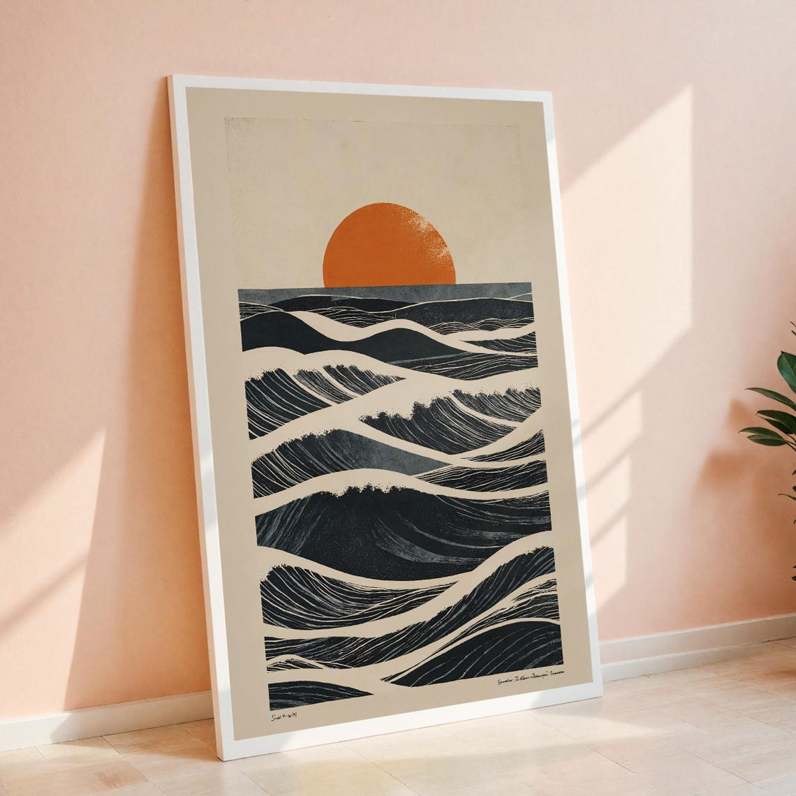 Japanese Ocean Waves Orange Sun Woodblock Style Sea Art Poster