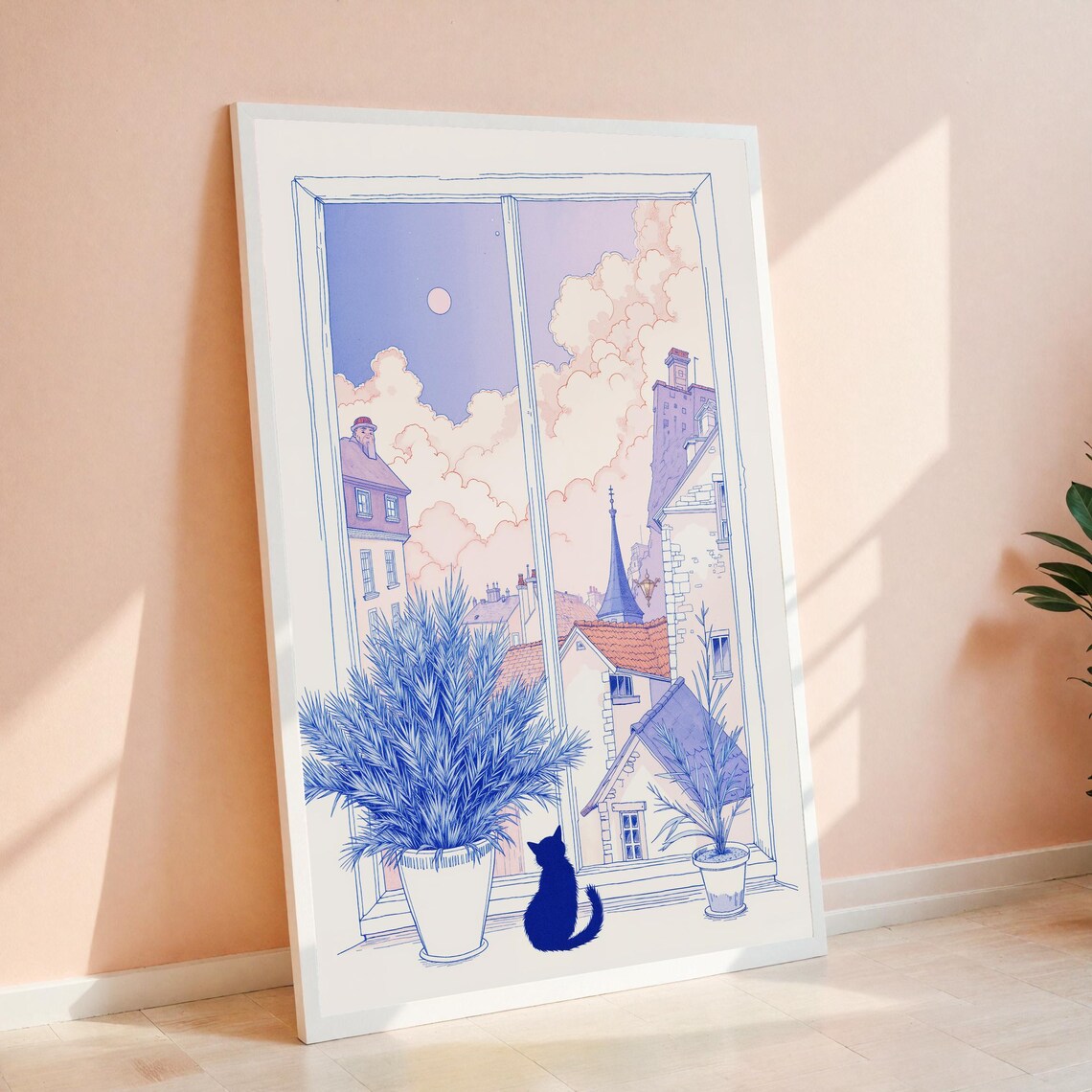 Black Cat Window View European City Whimsical Cat Art Poster