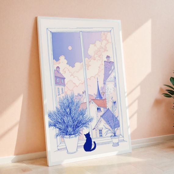 Black Cat Window View European City Whimsical Cat Art Poster