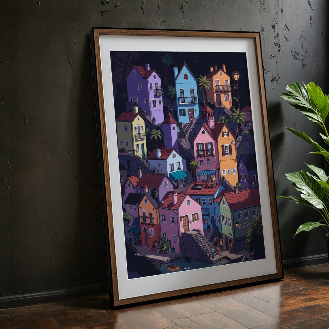Colorful Night Village Whimsical Hillside Houses Starry Art Poster