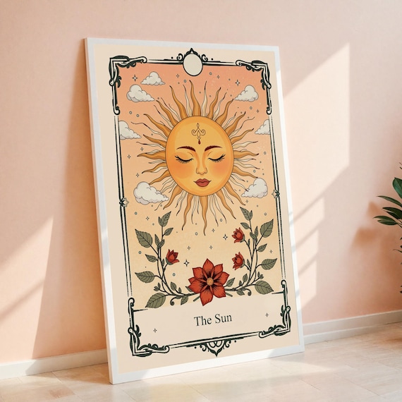 The Sun Tarot Card Boho Celestial Floral Vintage Illustration Poster