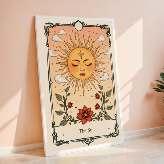 Vintage Sun Tarot Art Print Celestial Boho Floral Poster Mystical And Stars Wall Decor Astrology