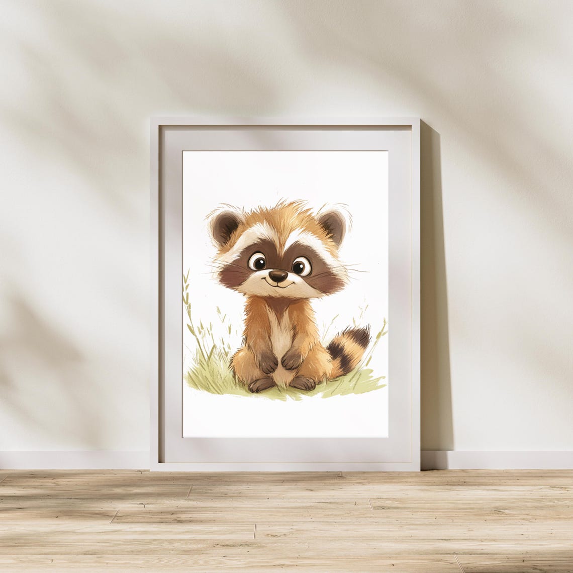 Cheerful Baby Raccoon Sitting in a Grassy Meadow Nursery Poster - Image 2
