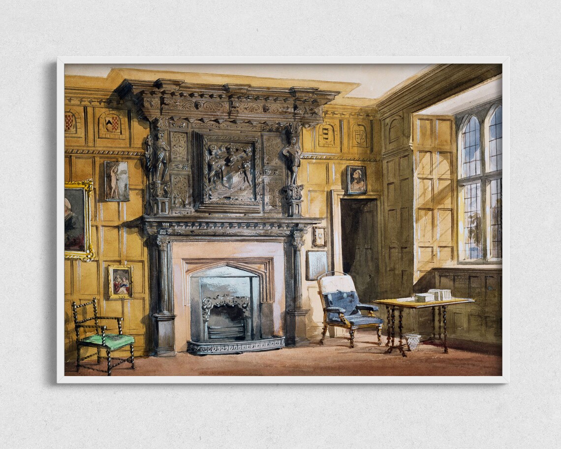 Tudor Manor Grand Fireplace Wood Paneled Interior Vintage Art Poster