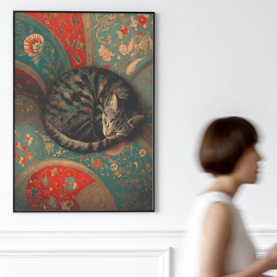 Tabby Cat Sleeping On Ornamental Art Nouveau Style Rug Print