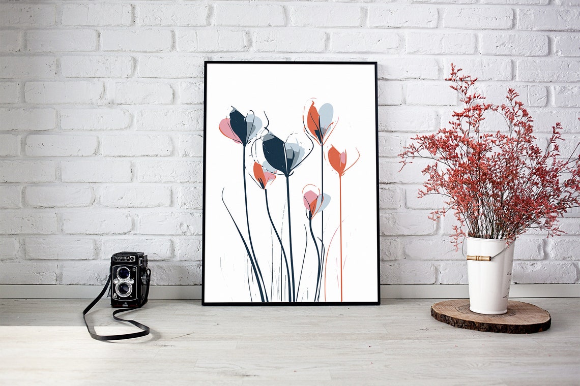 Abstract Coral Navy Floral Watercolor Mid Century Modern Wall Art - Image 2
