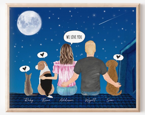 We Love You Couple With Pets Under The Moon Portrait Gift Poster