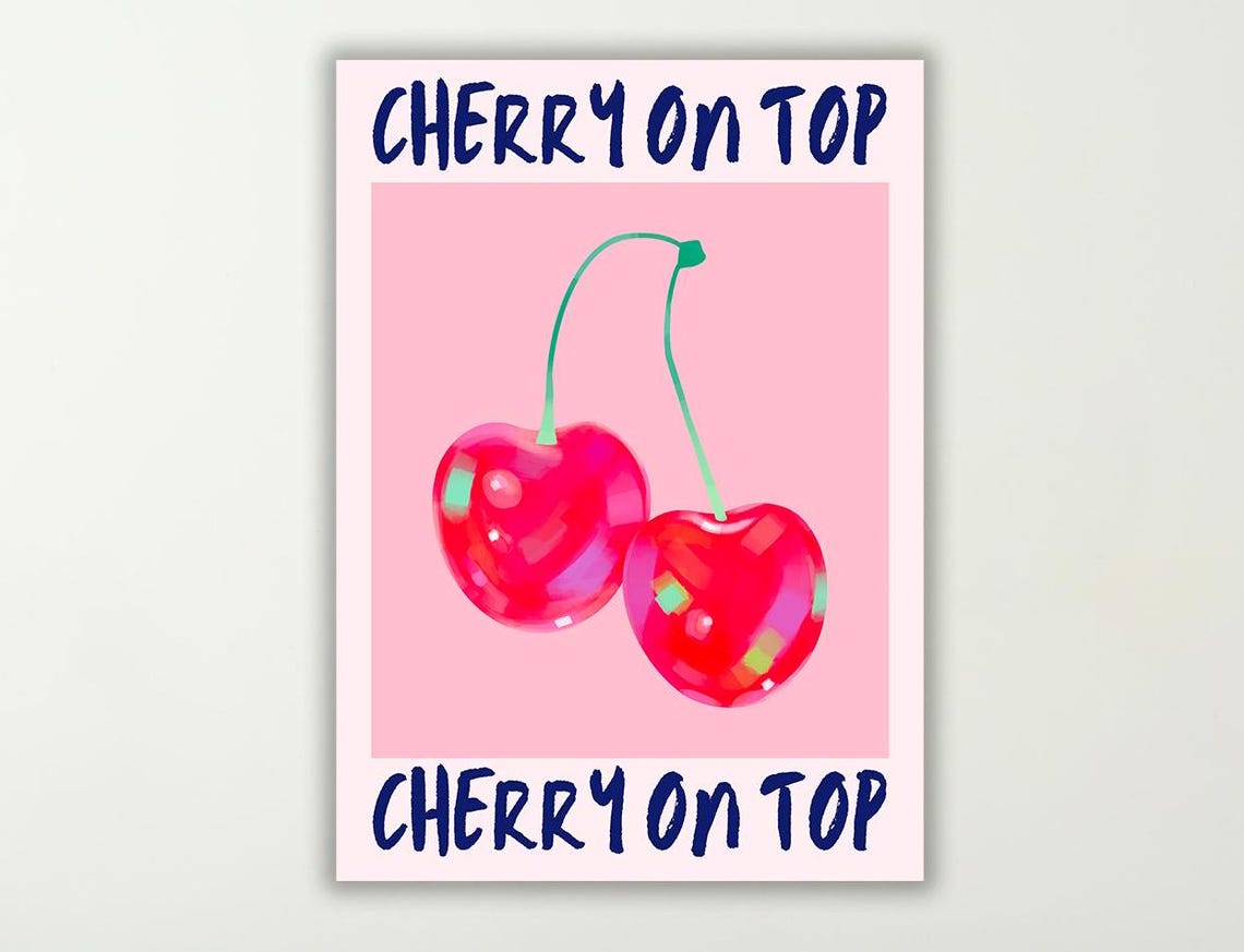 Cherry on Top Pink Disco Cherries Bold Retro Kitchen Wall Poster