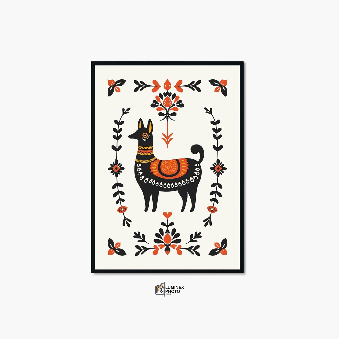Scandinavian Folk Art Dog Floral Vintage Decorative Animal Poster