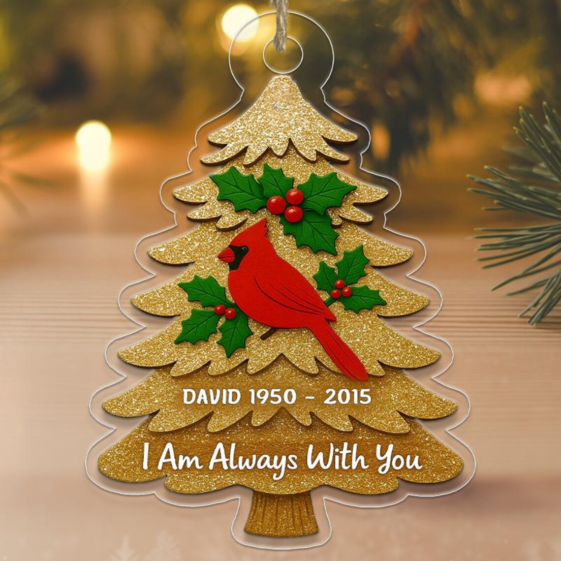 Personalized Memorial Christmas Tree Ornament Cardinal Gold Glitter Wall Art