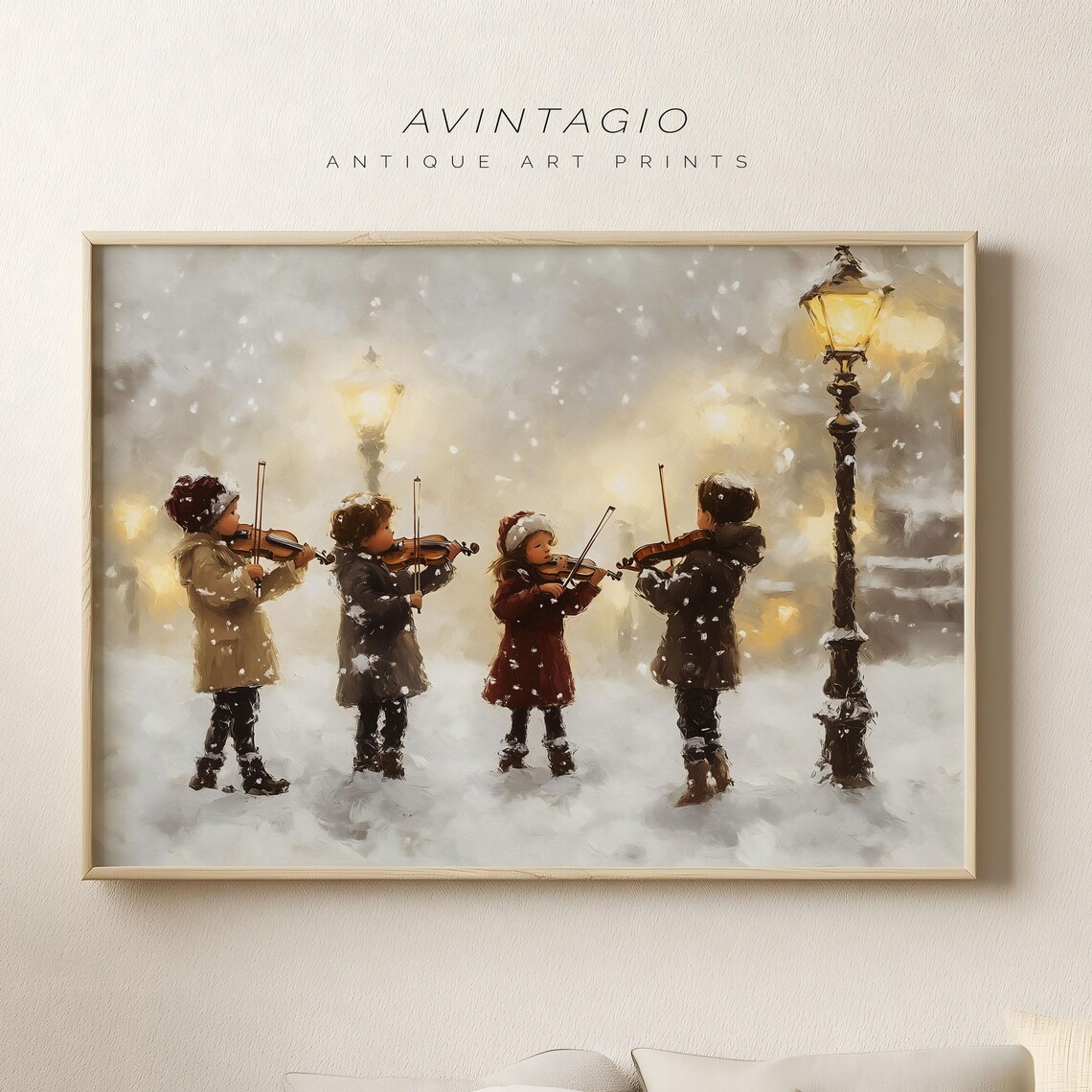 Vintage Children Playing Violins in Snowy Street Winter Art Poster