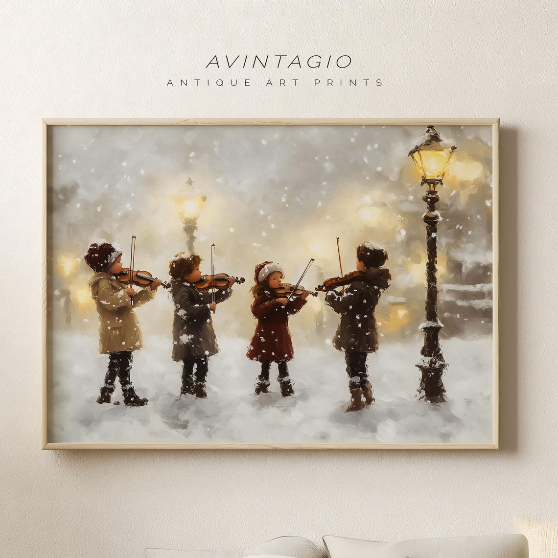 Winter Street Carol Scene Print Vintage Victorian Festivity Wall Gallery Artwork White Christmas Poster Snowy Holiday Season Oil Painting