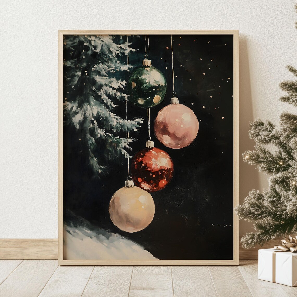 Glass Christmas Ornaments on Pine Branch Moody Night Painting Poster - Image 2