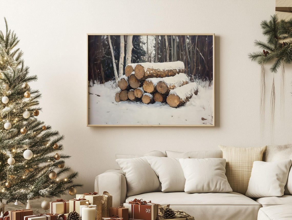 Rustic Snow Covered Firewood Logs in Winter Forest Art Poster - Image 2