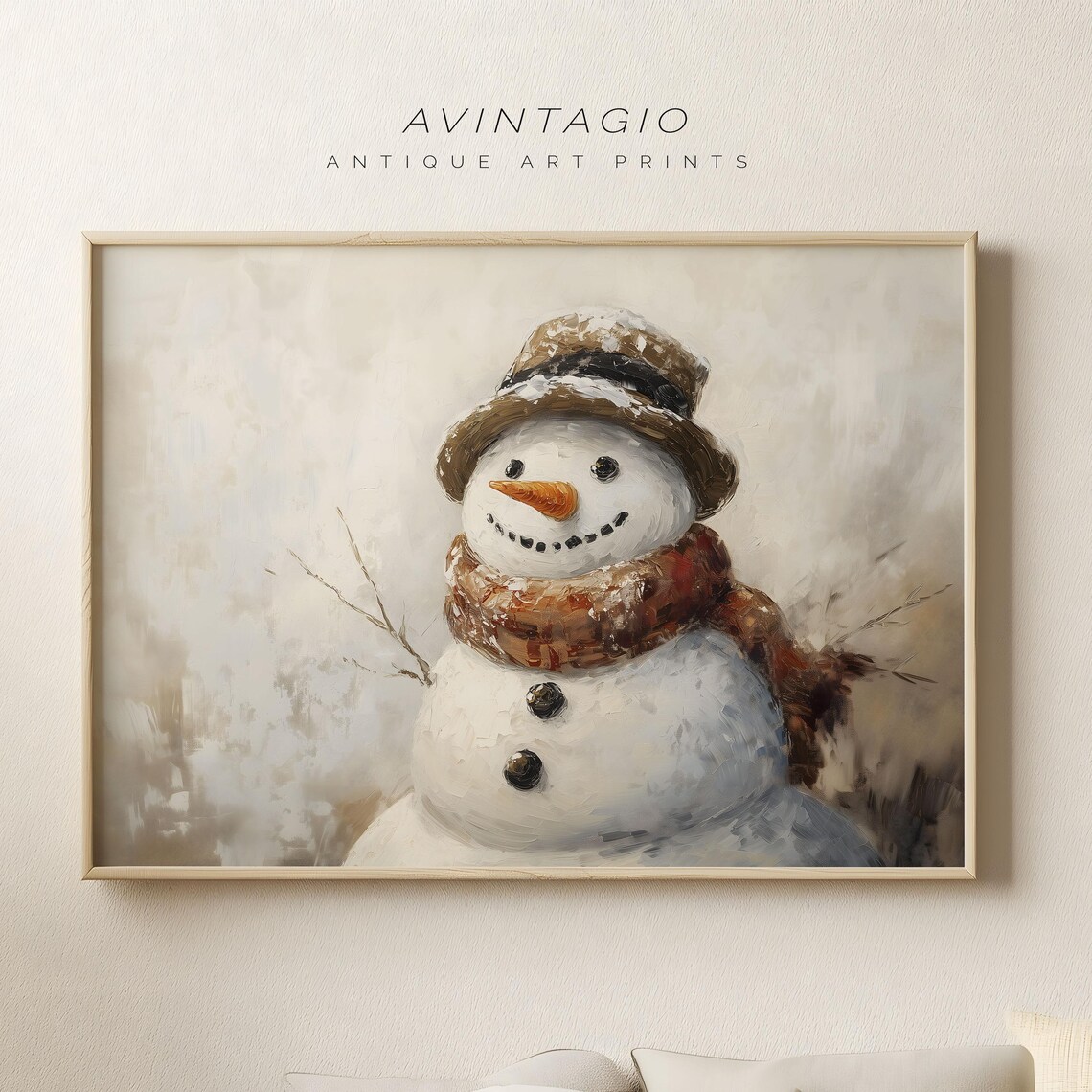 Smiling Snowman with Hat and Scarf Soft Beige Oil Painting Poster
