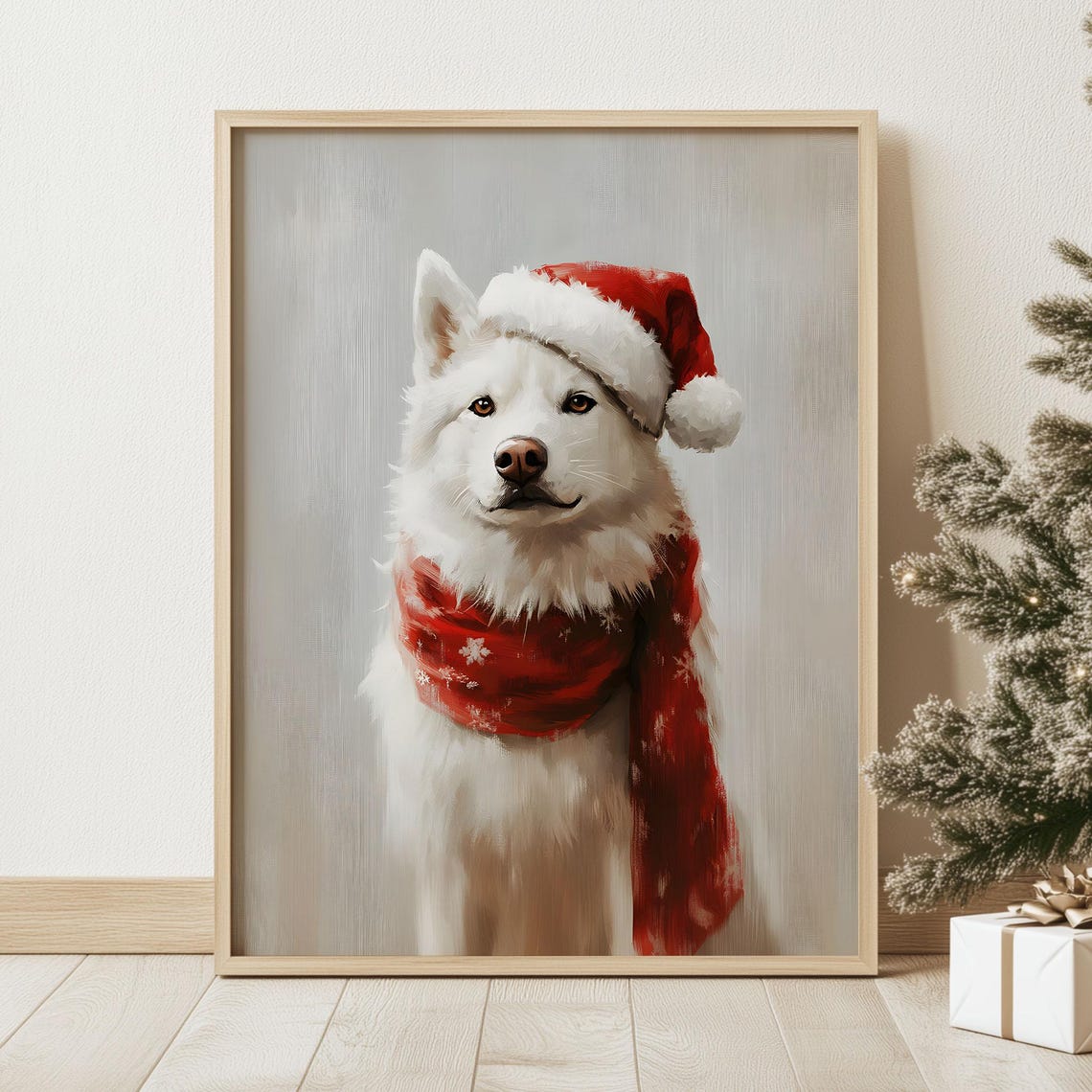 Cute White Santa Husky Print Muted Holiday Season Decor Christmas Eve Gallery Wall Art Antique Winter Cottagecore Oil Painting Poster - Image 2