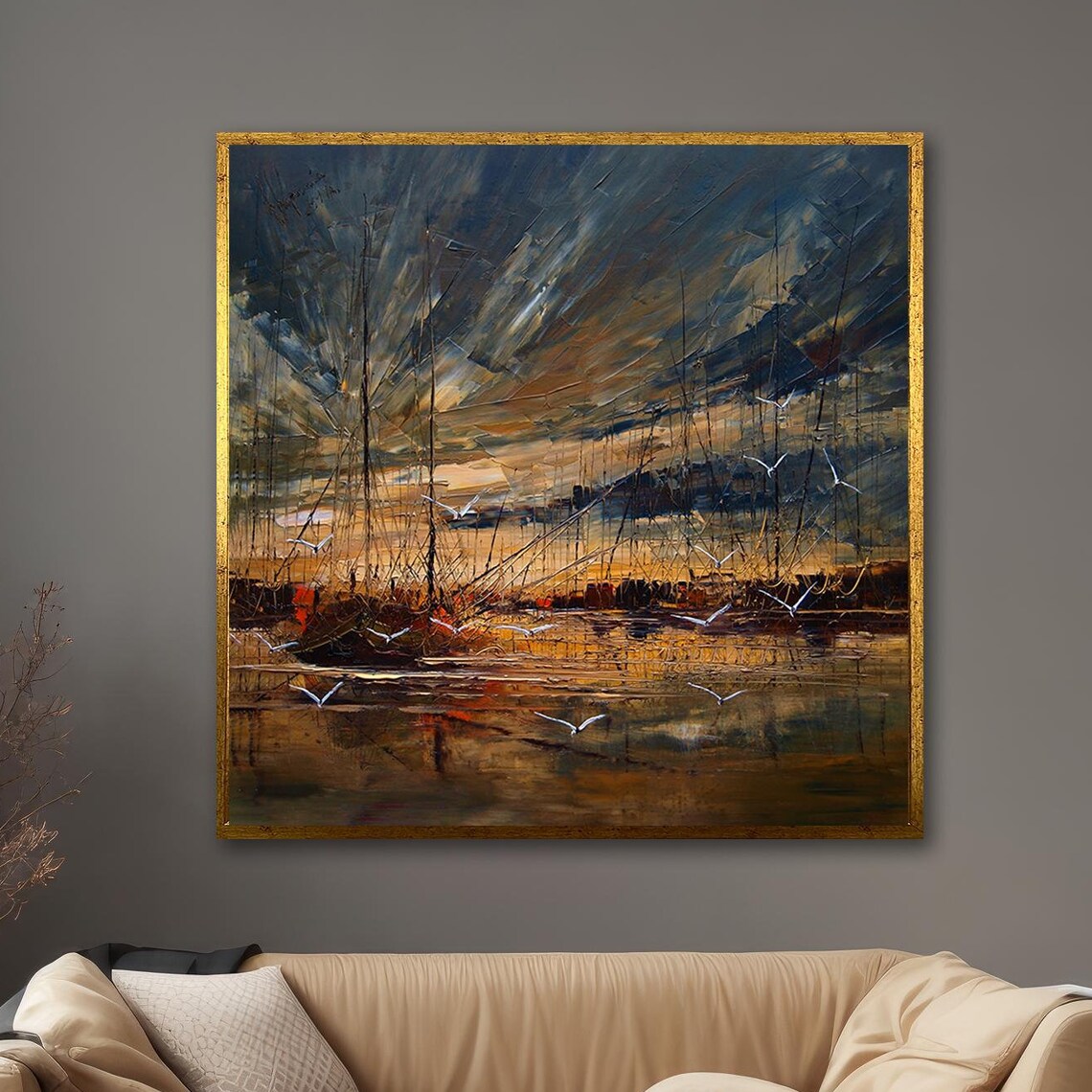 Sailboats Harbor Dusk Impressionist Blue Gold Seagulls Art Poster