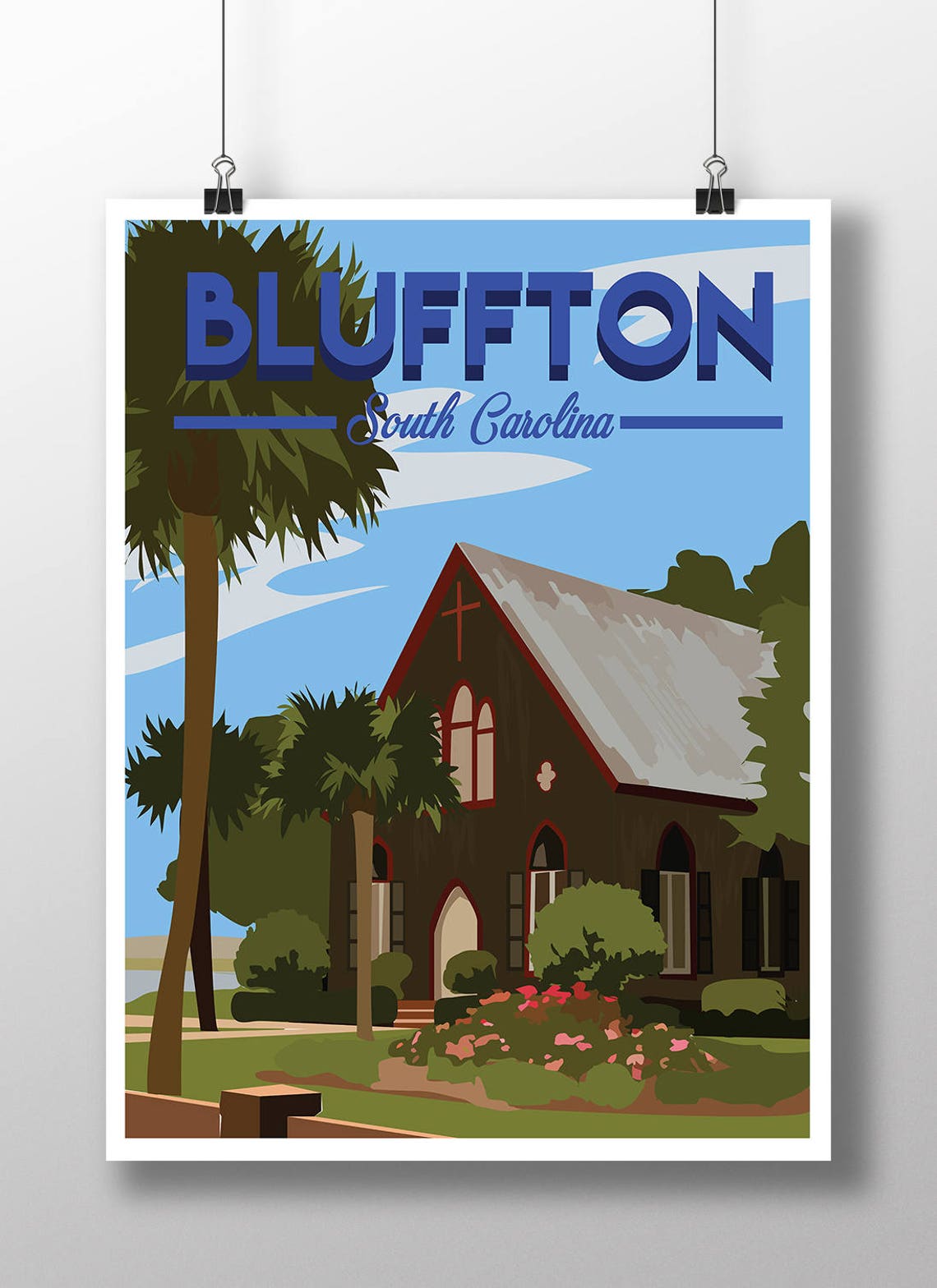 Bluffton South Carolina Historic Church Palm Trees Art Poster