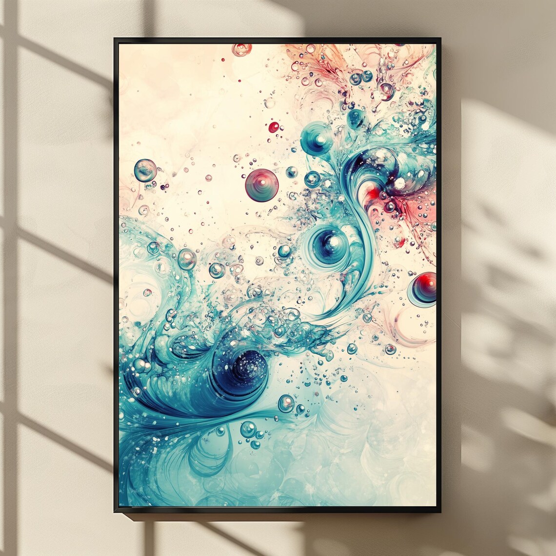Teal and Coral Ocean Swirl with Bubbles Abstract Painting Poster