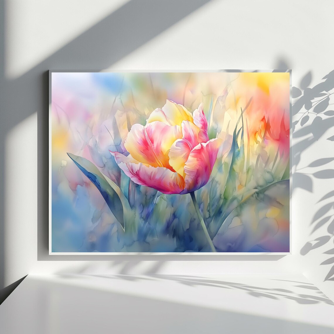 Pink Yellow Tulip Watercolor Flower Botanical Painting Wall Art