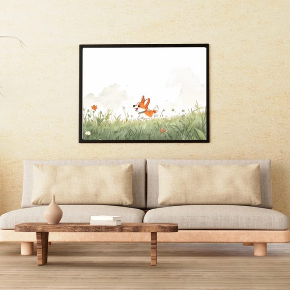 Cute Corgi Wall Art Whimsical Dog Print Animal Nursery Decor In Field Picture Kids Room Poster