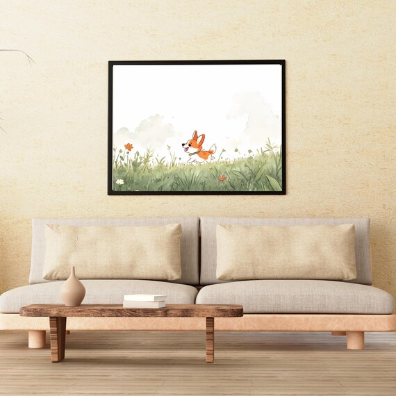 Happy Corgi Running Grassy Field Cute Dog Watercolor Wall Art