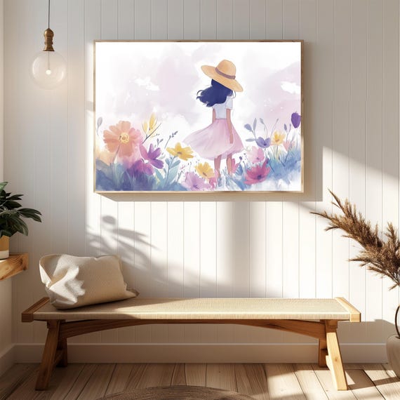 Dreamy Girl In Flower Field Wall Art Colorful Watercolor Poster Whimsical Nursery Decor Inspirational Floral Print Home