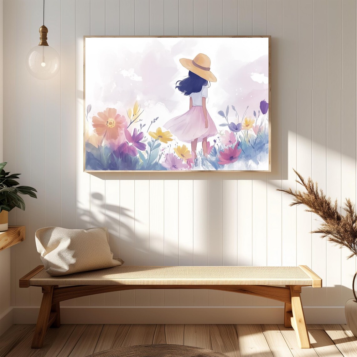 Beautiful Girl In Wildflower Meadow Watercolor Pastel Dreamy Wall Art