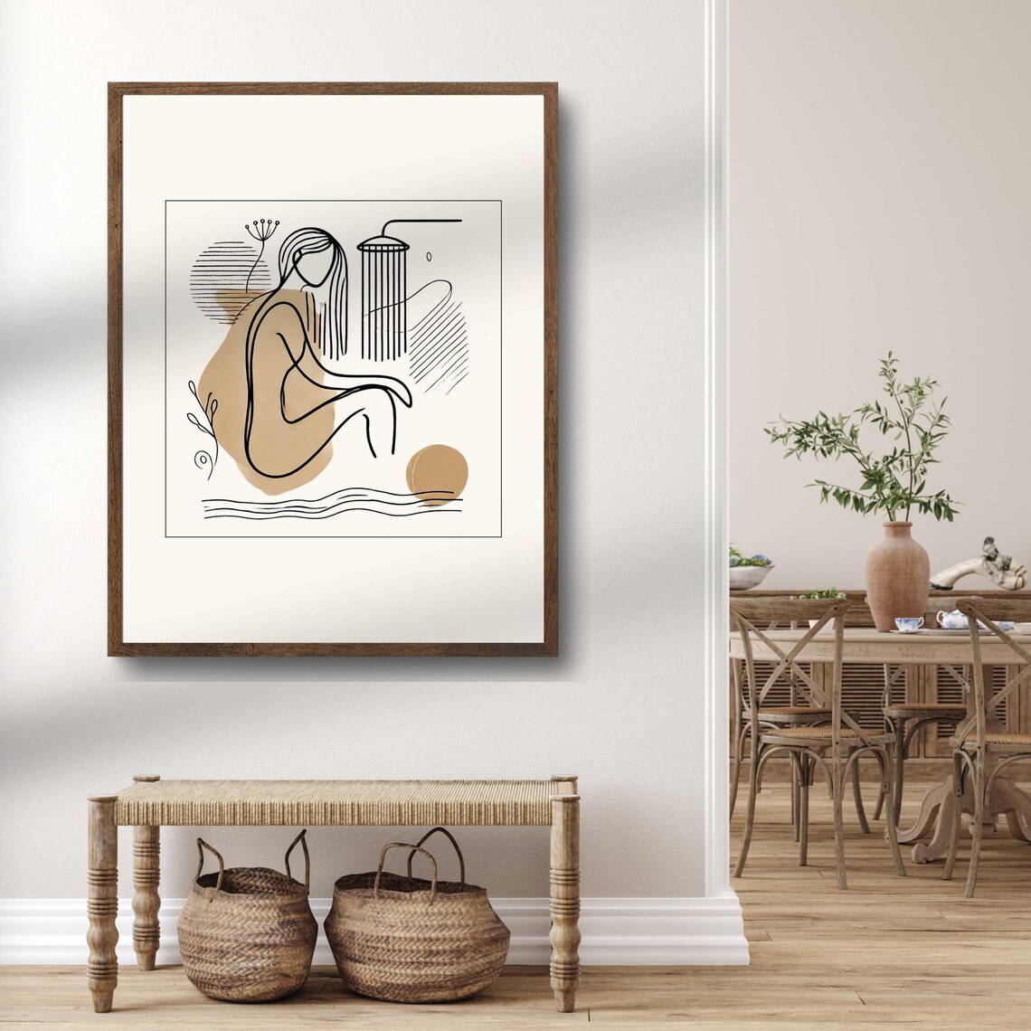 Woman Bathing Abstract Line Art With Beige Shapes Spa Decor Print - Image 2