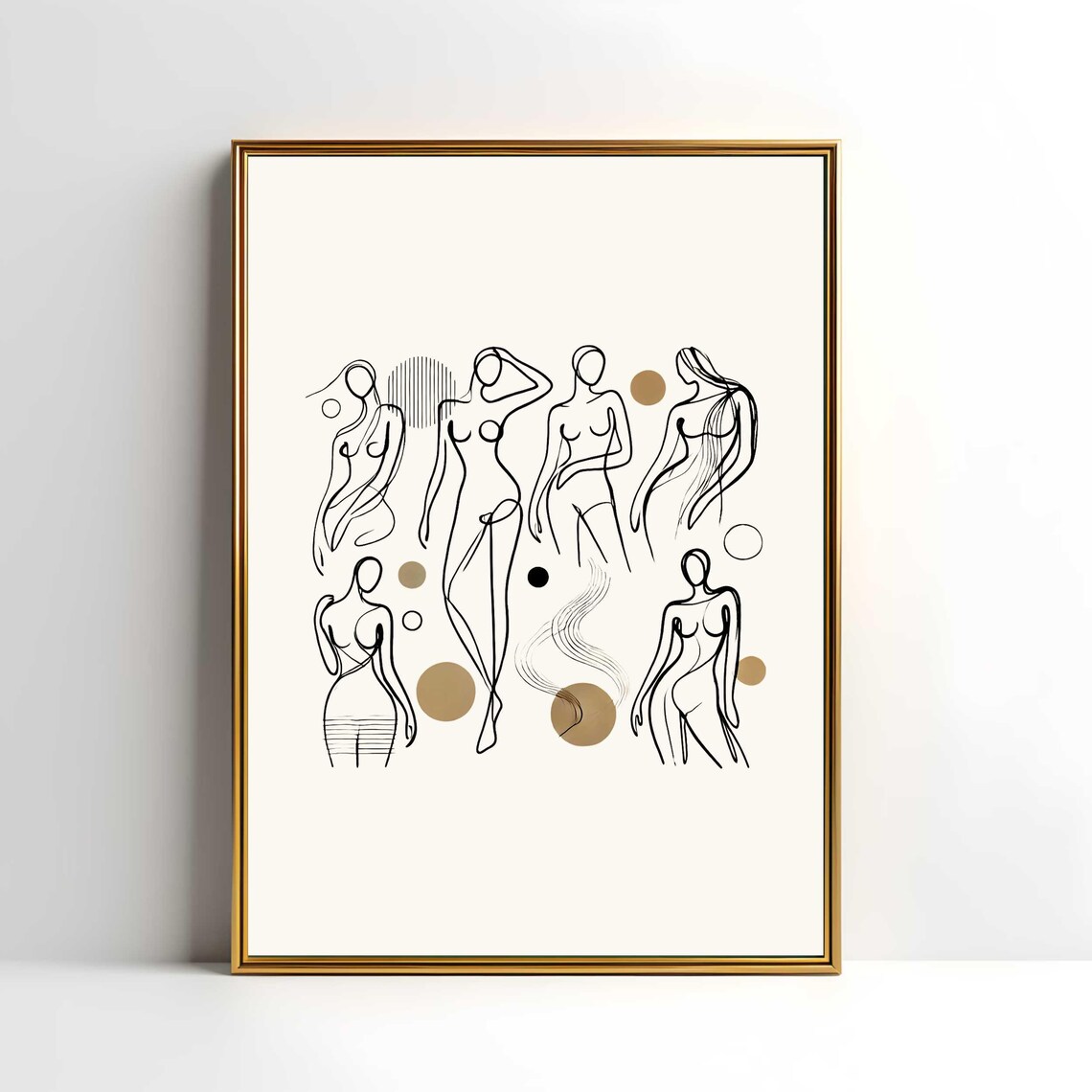 Six Nude Female Figures Minimalist One Line Art With Beige Dots Print - Image 2